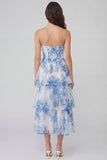 Corsé de tul de flores blancas azules Línea A sin tirantes y vestido midi escalonado