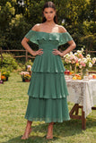 Vestido midi de quiffon de eucalipto plisado en niveles y con hombros en línea A