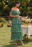 Vestido midi de quiffon de eucalipto plisado en niveles y con hombros en línea A