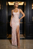 Corsé rosa con capestro con aplique y vestido largo de noche con abertura
