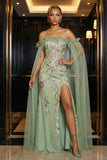 Corsé verde con volantes y bordado sin tirantes para vestido de noche sirena con abertura