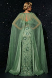 Corsé de tirantes finos verdes bordados con volantes y vestido de noche con abertura
