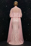 Vestido de noche de sirena sin tirantes con tirantes y con abertura y capa de lentejuelas rosas brillantes