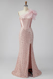 Sirenas de satén rosas, perlas, corsé de un hombro, vestido largo de baile con abertura