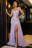 Vestido de noche sirena de un hombro con volantes y liados púrpura brillante con pliantes y abertura