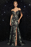 Vestido de noche de sirena negro con hombros fríos con aplique brillante y abertura