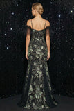 Vestido de noche de sirena negro con hombros fríos con aplique brillante y abertura
