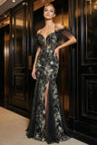 Vestido de noche de sirena negro con hombros fríos con aplique brillante y abertura