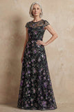 Vestido largo de Madre de la Novia bordado azul en línea A