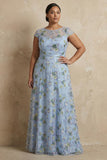 Vestido largo de Madre de la Novia bordado azul en línea A