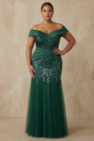 Vestido largo de madre de la novia de sirena verde oscuro de hombros con lentejuelas
