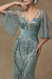 Vestido de sirena gris verde brillante de manga media de manga media y lentejuelas Madre de la novia con abertura
