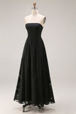 Vestido formal sin tirantes de encaje negro Línea A Long con cremallera trasera