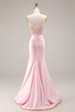 Vestido largo de baile de satén de sirena con abertura y corte vasco rosa