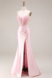 Vestido largo de baile de satén de sirena con abertura y corte vasco rosa