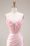 Vestido largo de baile de satén de sirena con abertura y corte vasco rosa