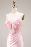 Vestido largo de baile de satén de sirena con abertura y corte vasco rosa