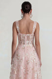 Vestido midi de corsé rosa brillante con escote cuadrado y aplicada