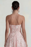 Vestido Midi rosa sin tirantes con alas de flores brillantes