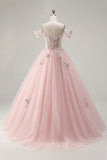 Vestido de gala rosa con aplíquas de hombros descubiertos tipo quinceañera