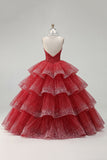 Vestido de baile escalonado sin tirantes de Quinceañera roja con cuentas