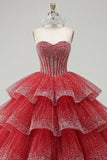 Vestido de baile escalonado sin tirantes de Quinceañera roja con cuentas