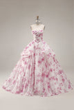 Vestido de gala blanco fucsia sin tirantes floral de quinceañera