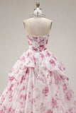 Vestido de gala blanco fucsia sin tirantes floral de quinceañera