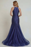 Vestido de sirena de satén de satén con capestro azul marino y abertura