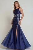 Vestido de sirena de satén de satén con capestro azul marino y abertura