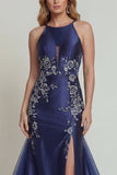 Vestido de sirena de satén de satén con capestro azul marino y abertura