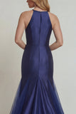 Vestido de sirena de satén de satén con capestro azul marino y abertura