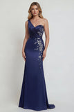 Vestido de Madre de la Novia de Satén Sirena de un solo hombro azul marino con apliques