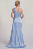 Vestido de Satén de la Novia de Sirena Azul con un hombro y abertura