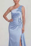 Vestido de Satén de la Novia de Sirena Azul con un hombro y abertura