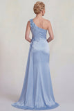 Vestido de Satén de la Novia de Sirena Azul con un hombro y abertura