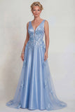 Vestido de Madre de la Novia con cuello en V con escote en V con flor azul aplicada a flor
