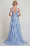 Vestido de Madre de la Novia con cuello en V con escote en V con flor azul aplicada a flor