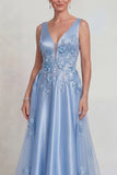 Vestido de Madre de la Novia con cuello en V con escote en V con flor azul aplicada a flor
