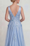 Vestido de Madre de la Novia con cuello en V con escote en V con flor azul aplicada a flor