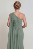 Vestido de madre de la novia de chiffon de salvia polvoriento con un solo hombro y capa lateral