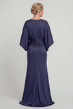 Vestido largo de madre de la novia, funda azul marino, escote en pico, manga media y bolsillos