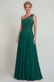 Vestido de madre de la novia de gasa verde oscuro verde oscuro con un hombro y bordado