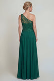Vestido de madre de la novia de gasa verde oscuro verde oscuro con un hombro y bordado
