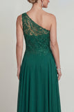Vestido de madre de la novia de gasa verde oscuro verde oscuro con un hombro y bordado