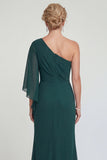 Vestido de madre de la novia de sirena de gasa verde oscuro de un hombro largo con abertura