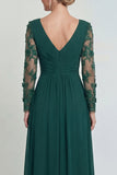 Vestido de Madre de la Novia con mangas largas de mangas largas en verde oscuro y abertura