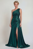 Vestido largo de sirena verde oscuro de un solo hombro con abertura