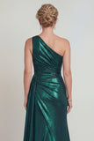 Vestido largo de sirena verde oscuro de un solo hombro con abertura