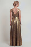 Vestido de madre de la novia largo de cuello metálico en V de la línea A dorado